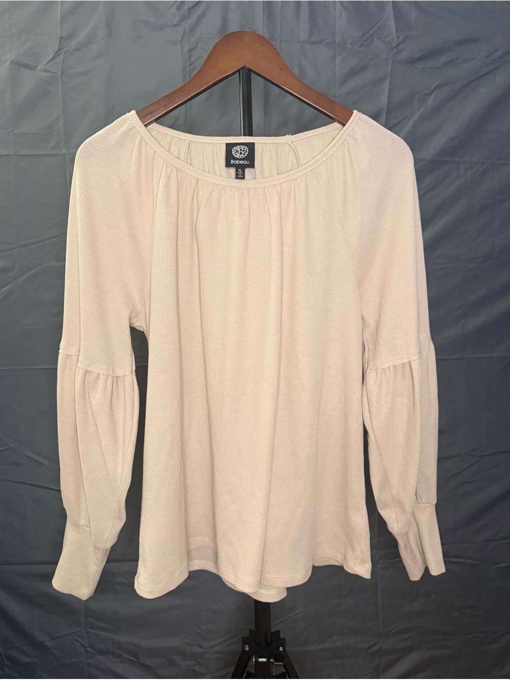Bobeau Cream Ribbed Knit Puff Ballon Sleeve Top